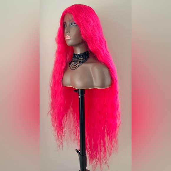 Long Gorgeous Hot Pink Premium Fiber Lace Front Wig for Costumes & Events - Picture 6 of 6